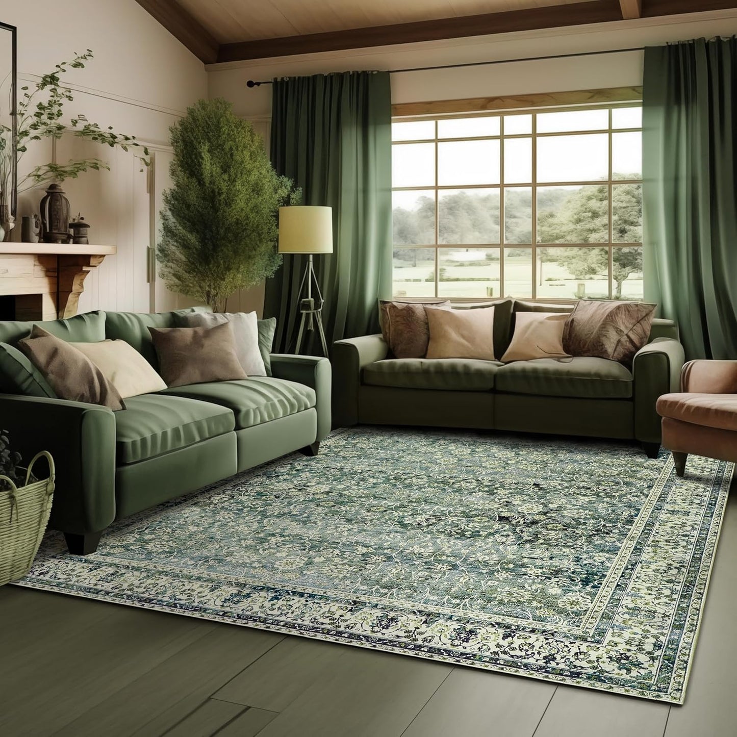 NEW - 6x9 Area Rugs Washable Rugs for Bedroom,Faux Wool Moody Floral Boho Vintage Oriental Indoor Carpet for Living Room,Hunter Forest Green - Retail $86