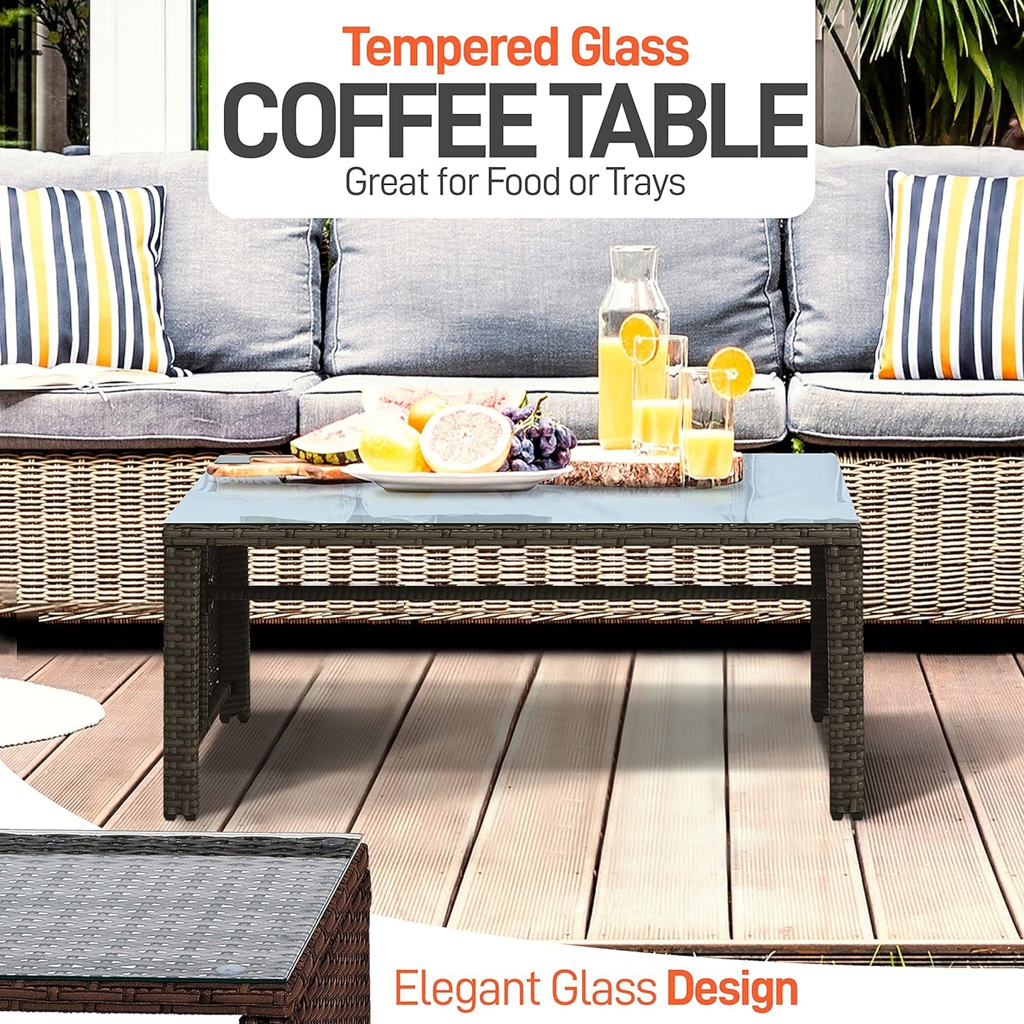 NEW - SereneLife Porch Furniture 4 Piece Accessories and Decor Outdoor, Balcony Patio Conversation, Bistro Set, PE Rattan Wicker Chairs w/Soft Cushion & Glass Coffee Table-SLOTFX5, Brown - Retail $218