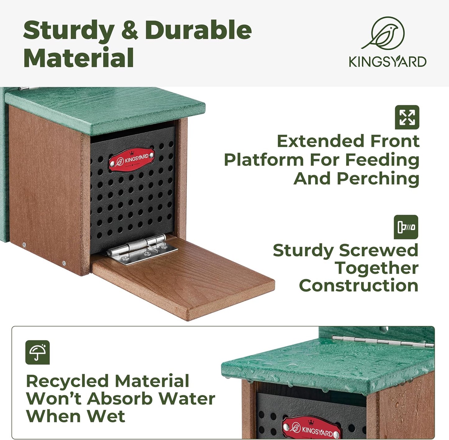Kingsyard Squirrel Feeder Box for Outside, Recycled Plastic Squirrel Feeder with Removable Metal Front Panel & Perch, Easy to Fill & Clean, Weather-Proof Roof (Green)