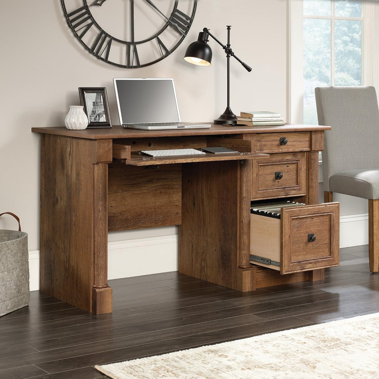 NEW - Sauder Palladia Computer Desk with Drawers, Home Office Desk with File Cabinet Storage Drawer, Cable Management, Keyboard Tray, in Vintage Oak finish - Retail $320