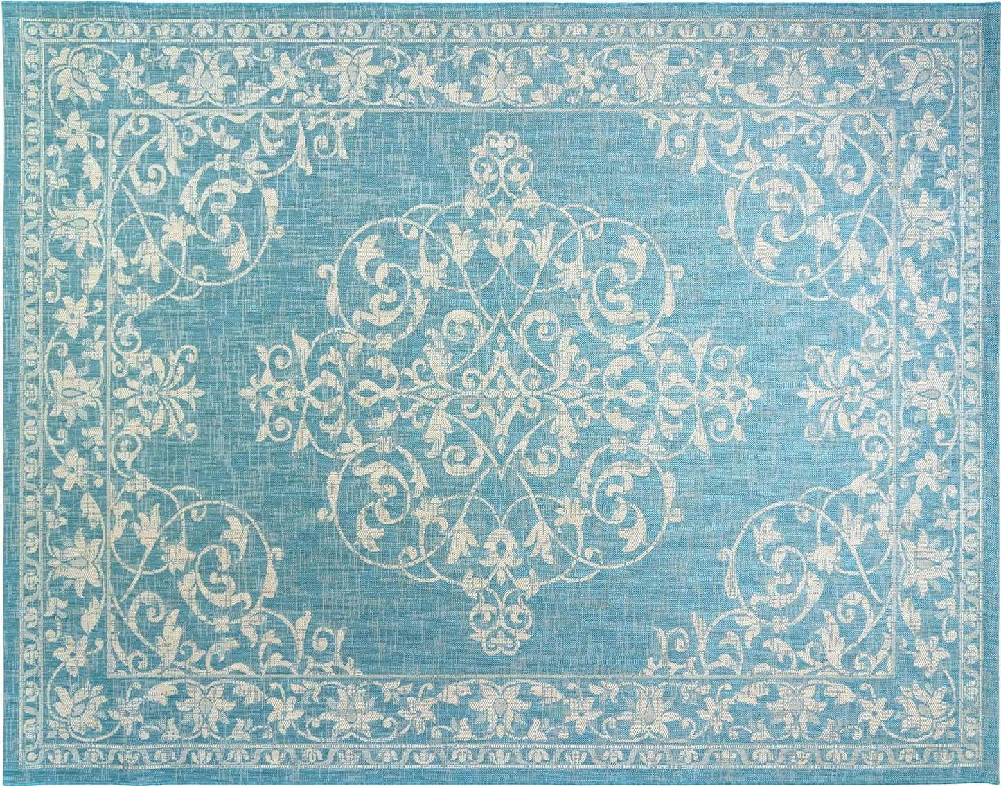 NEW - Gertmenian Indoor Outdoor Area Rug, Classic Flatweave, Washable, Stain & UV Resistant Carpet, Deck, Patio, Poolside & Mudroom, 6x9 Ft Medium, Center Medallion, Aqua Blue, 22255 - Retail $124
