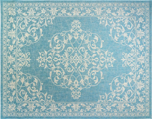 NEW - Gertmenian Indoor Outdoor Area Rug, Classic Flatweave, Washable, Stain & UV Resistant Carpet, Deck, Patio, Poolside & Mudroom, 6x9 Ft Medium, Center Medallion, Aqua Blue, 22255 - Retail $124