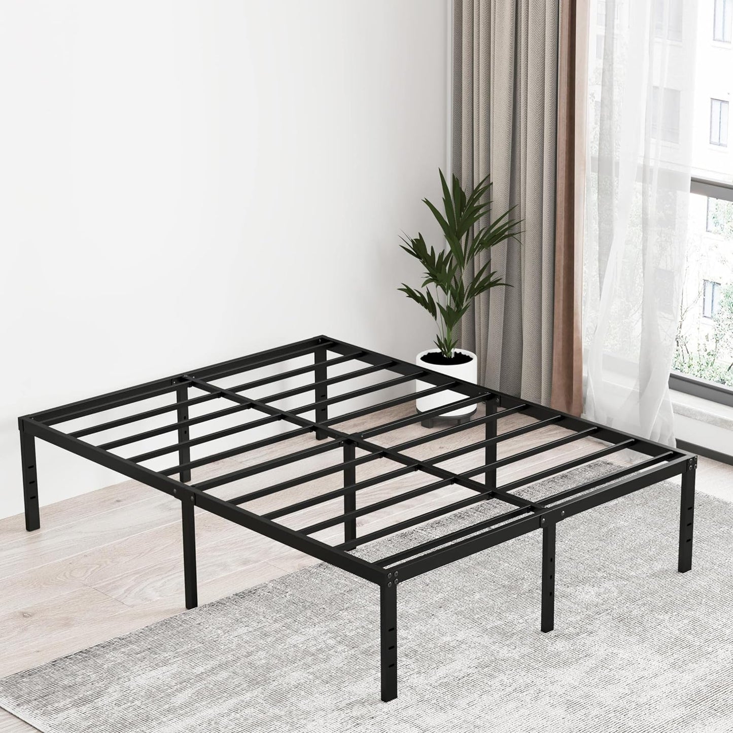 NEW - EMODA Queen Bed Frame No Box Spring Needed 18 Inch Heavy Duty Metal Tall Platform Bed Frame Queen Size with Large Storage Space, Easy Assembly, Black - Retail $149