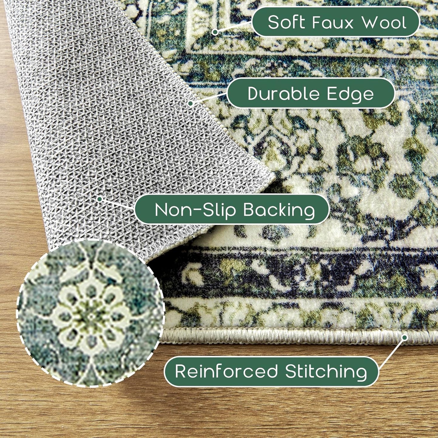 NEW - 6x9 Area Rugs Washable Rugs for Bedroom,Faux Wool Moody Floral Boho Vintage Oriental Indoor Carpet for Living Room,Hunter Forest Green - Retail $86