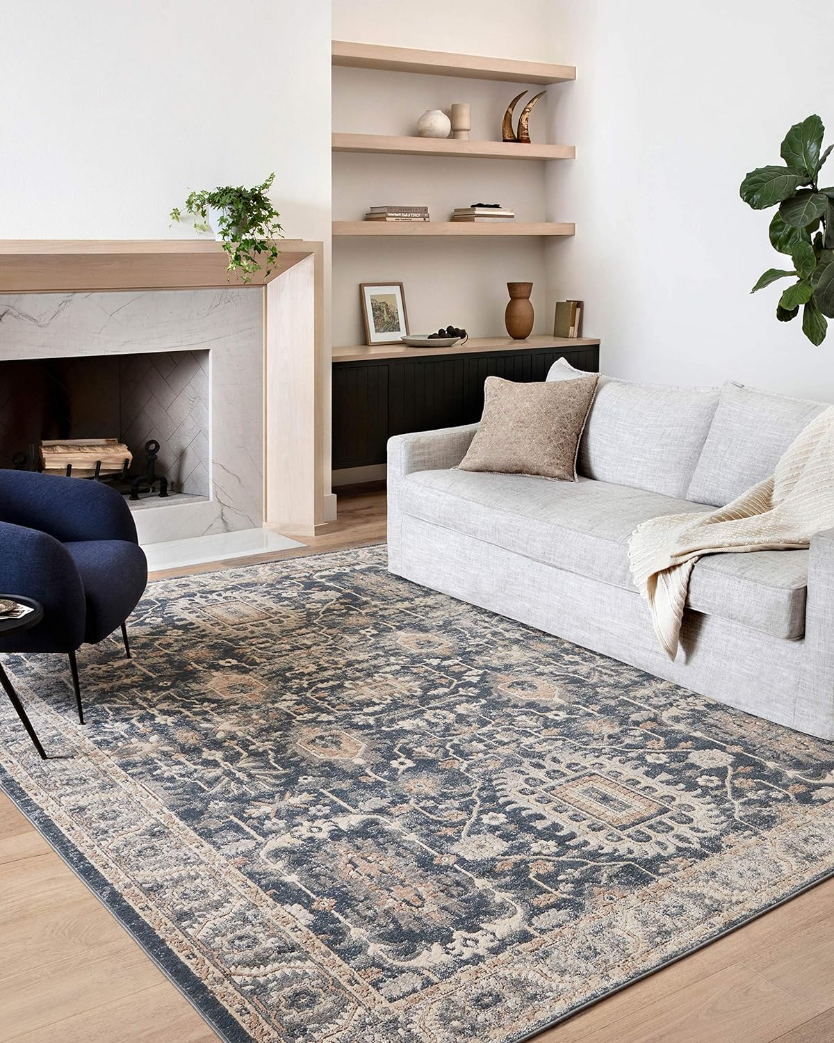 Loloi II Teagan Collection TEA-03 Denim / Pebble 6'-7" x 9'-2", .25" Thick, Area Rug, Soft, Durable, Neutral, Woven, Low Pile, Non-Shedding, Easy Clean, Living Room Rug - Retail $117