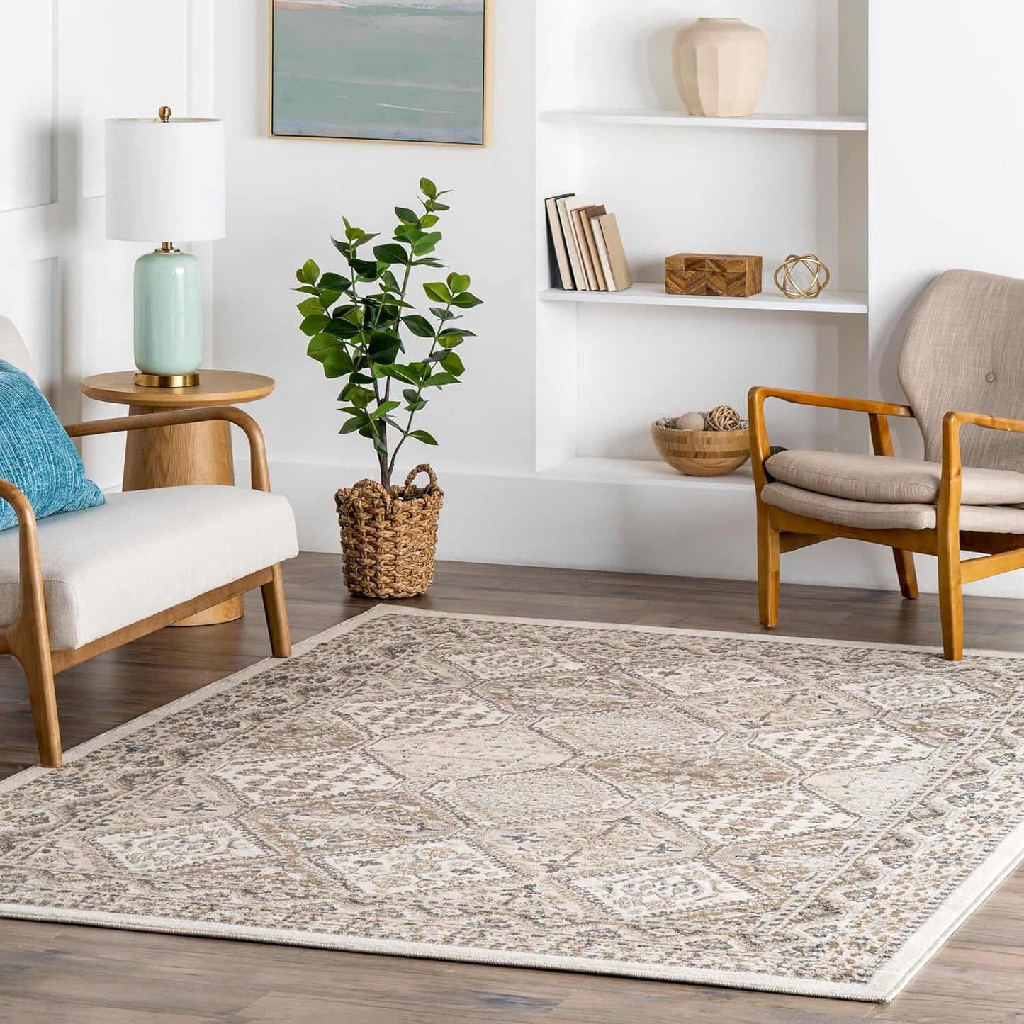 NEW - nuLOOM 9x12 Becca Traditional Tiled Area Rug, Beige, Faded Transitional Design, Stain Resistant, For Bedroom, Dining Room, Living Room, Hallway, Office, Kitchen, Entryway - Retail $129