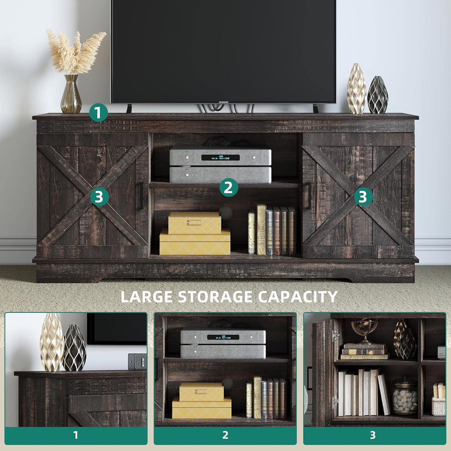 YITAHOME TV Console for 65 Inch TV, Farmhouse TV Stand with Double Barn Doors and Storage Cabinets, Mid Century Modern Media Console Table TV Cabinet for Living Room, 59 Inches, Grey White/Espresso