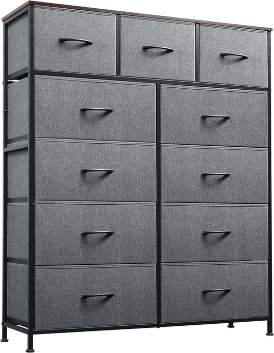 NEW - WLIVE 11-Drawer Dresser, Fabric Storage Tower for Bedroom, Hallway, Closets, Tall Chest Organizer Unit with Textured Print Fabric Bins, Steel Frame, Wood Top, Easy Pull Handle, Dark Grey - Retail $93
