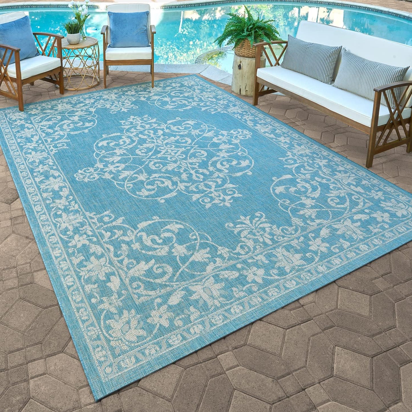 NEW - Gertmenian Indoor Outdoor Area Rug, Classic Flatweave, Washable, Stain & UV Resistant Carpet, Deck, Patio, Poolside & Mudroom, 6x9 Ft Medium, Center Medallion, Aqua Blue, 22255 - Retail $124