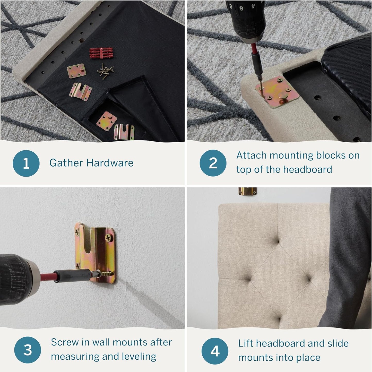 NEW - LUCID QUEEN Mid-Rise Upholstered Headboard - Diamond Tufted - Padded Polyester - Adjustable Height- Easy Assembly - Bed Frame or Wall Mount - Sturdy - Pearl - Queen Size - Retail $99