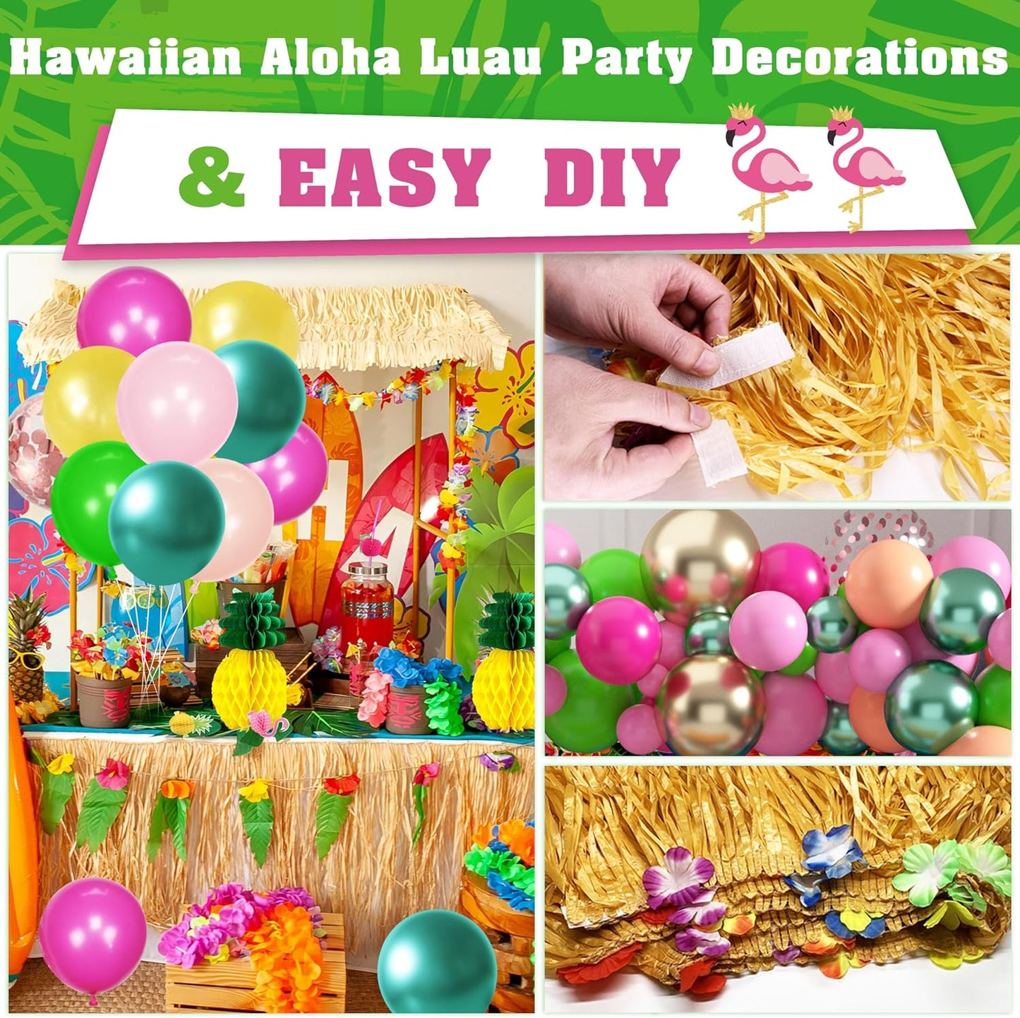 Luau Birthday Party Decorations Hawaiian Party Decorations 169 Pcs Tropical Aloha Party Supplies for Summer Beach Holiday Including Balloon Arch Kit Backdrop Table Skirt Banner Cake Toppers Straws