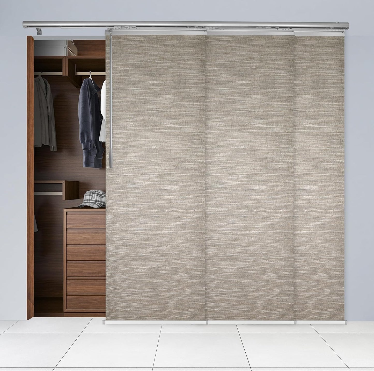 NEW - Oat Brown 3-Panel Single Rail Panel Track Extendable 36in-66in W x 94in H, Panel Width 23.5in - Retail $108