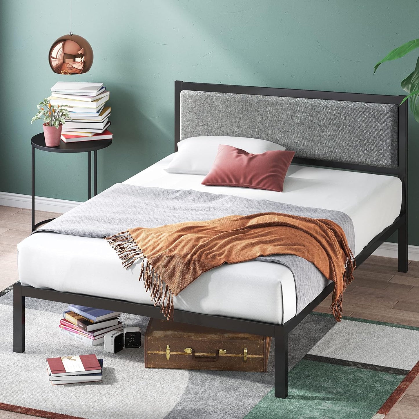 NEW - ZINUS Korey Metal Platform Bed Frame with Upholstered Headboard, Wood Slat Support, No Box Spring, Easy Assembly, Queen - Retail $185