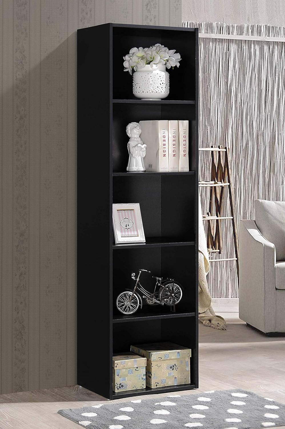 NEW - Hodedah Import 5 Shelf Bookcase, Black - Retail $79