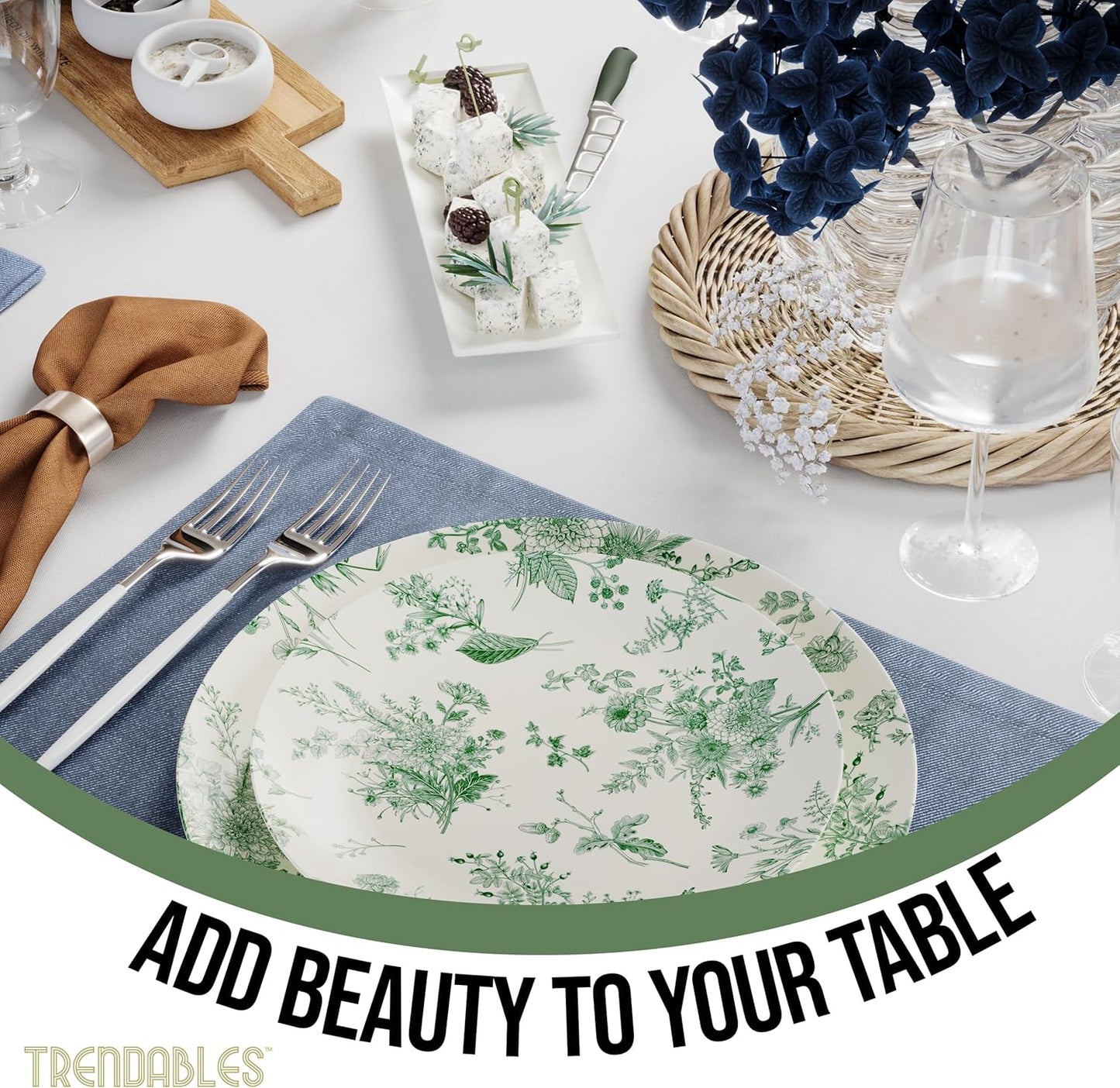 Trendables 40 Piece Plastic Disposable Plates Set For 20 Guests I 20 X 8 Inch Dessert Plates & 20 X 10 Inch Disposable Plastic Plates | Wedding Party Plates | Ivory & Green Verdure Design