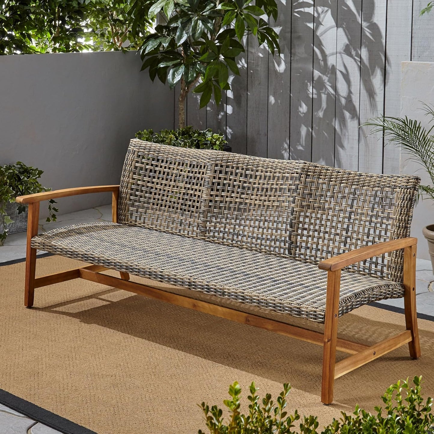 NEW - Christopher Knight Home Marcia Outdoor Wood Sofa, Wicker, 75.50 x 31.00 x 31.50, Gray, Natural Stained Finish