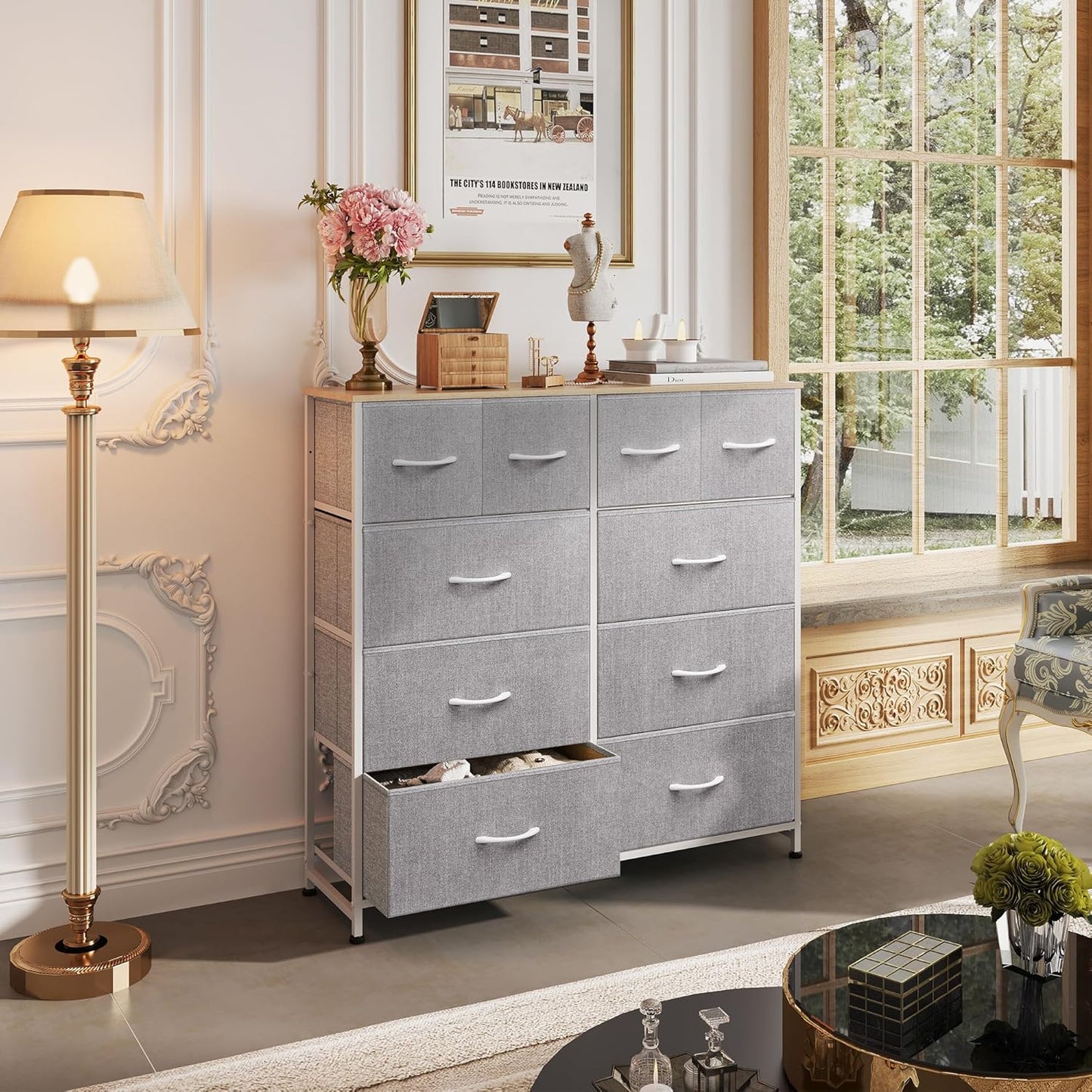WLIVE Fabric Dresser for Bedroom, Dresser with 10 Drawers, Storage Tower with Fabric Bins, Double Dressers, Chest of Drawers for Closet, Living Room, Hallway, Light Grey - Retail $80