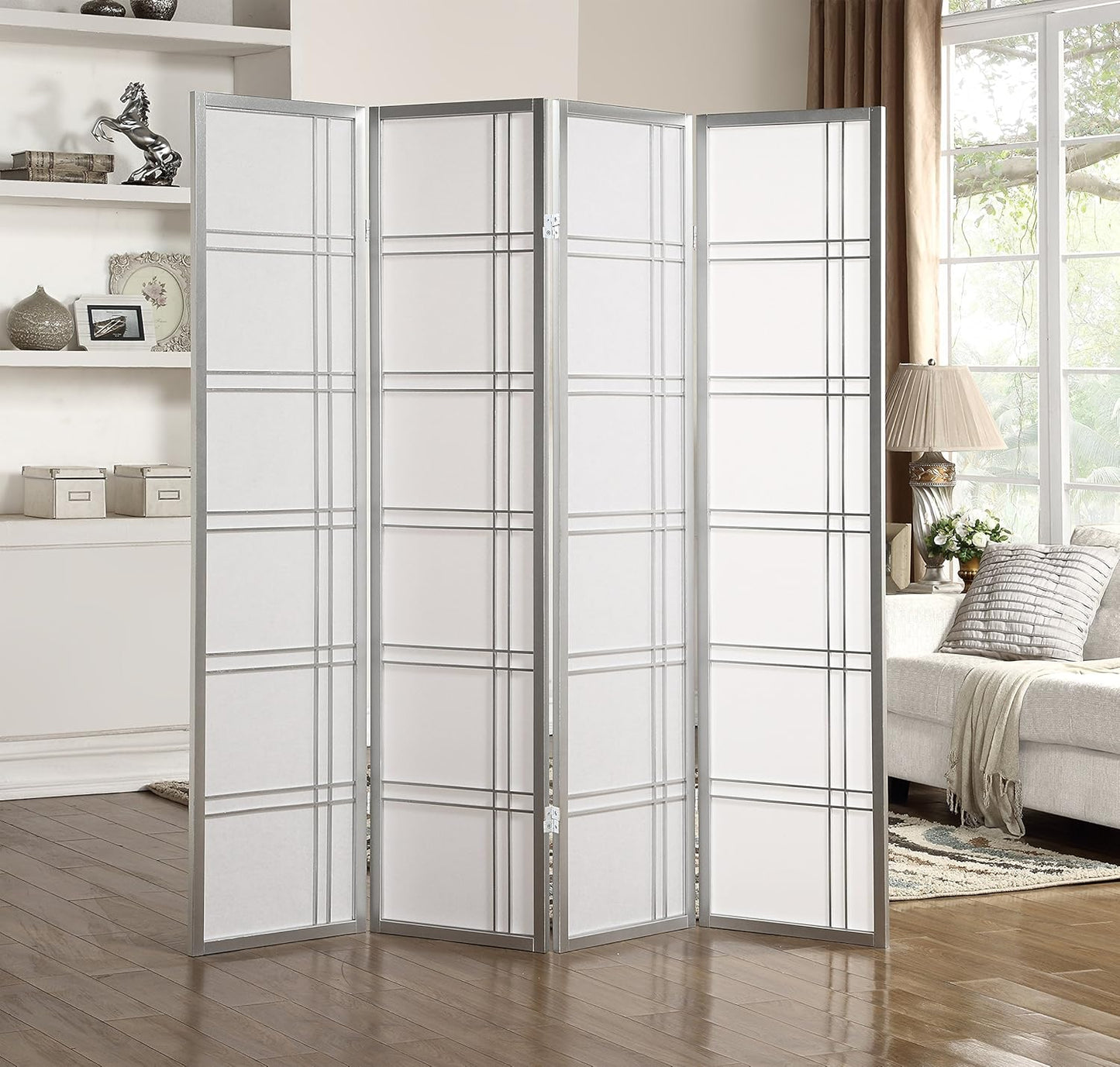 Roundhill Furniture Seto 4-Panel Room Divider Screen, Silver - Retail $89