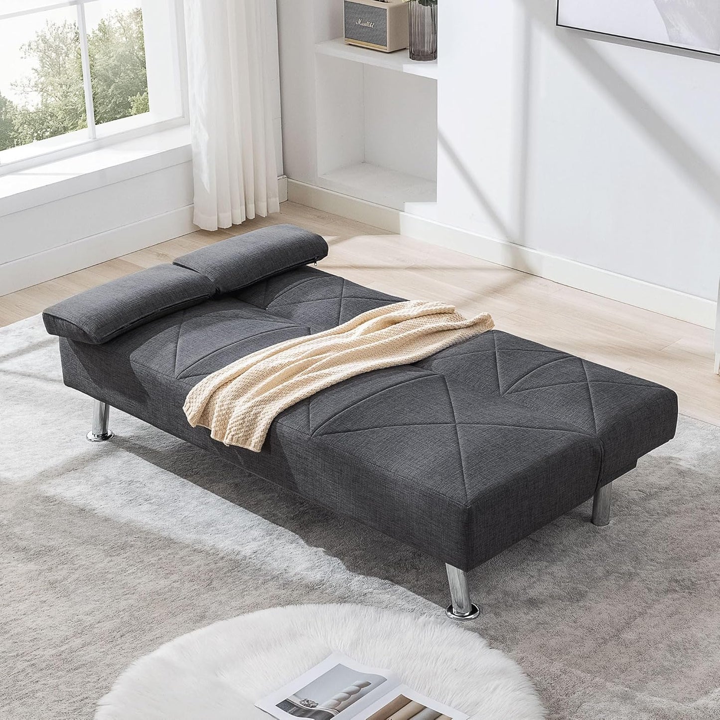 NEW - VECELO Modern Convertible Folding Futon Sofa Bed with Removable Armrests Breathable Linen Recliner Couch for Living Room/Apartment Lounge, 2 Cup Holders, Dark Grey - Retail $199