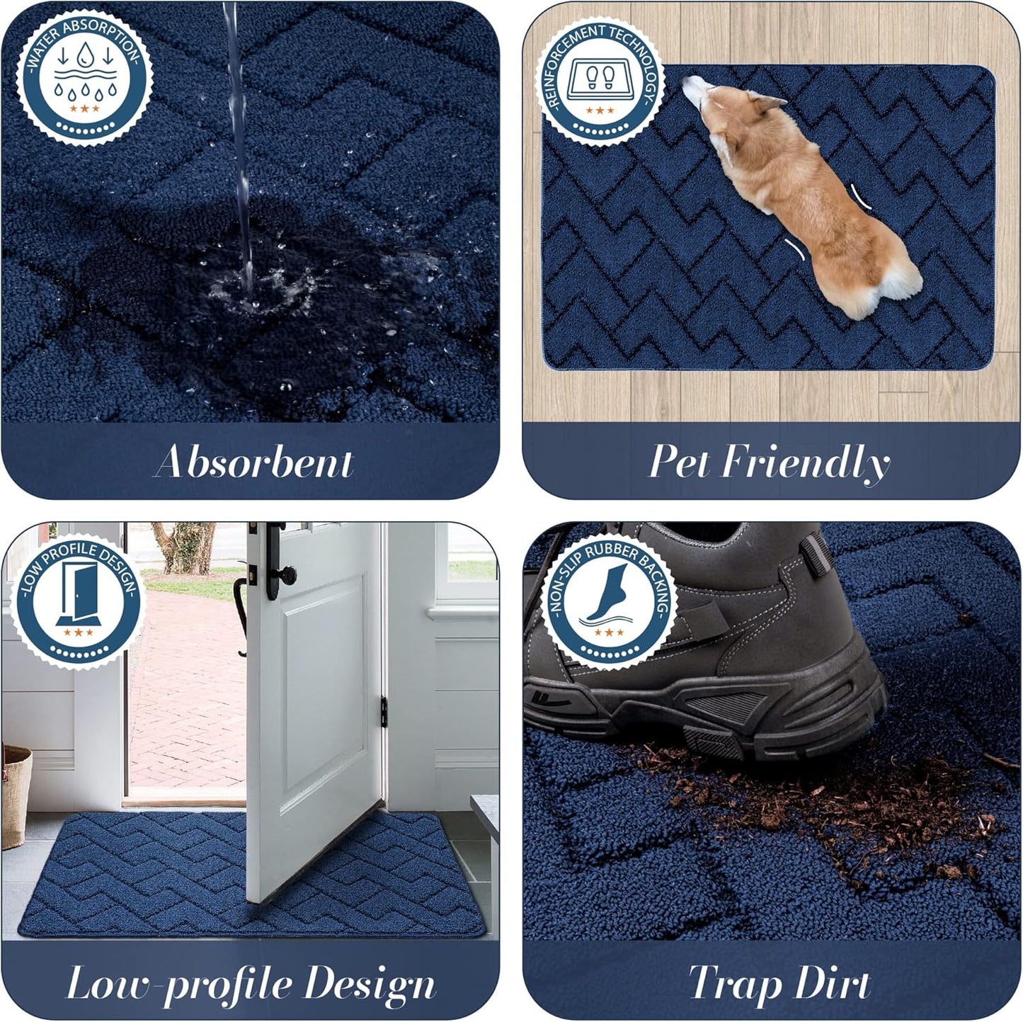 Walensee Indoor Doormat, Front Door Mat for Entrance (24"x35" Navy Blue) Machine Washable Entryway Rug, Non Slip Trapper Door Rugs Absorbent Dirt Low Profile Shoes Scraper Inside Floor Mats for Entry