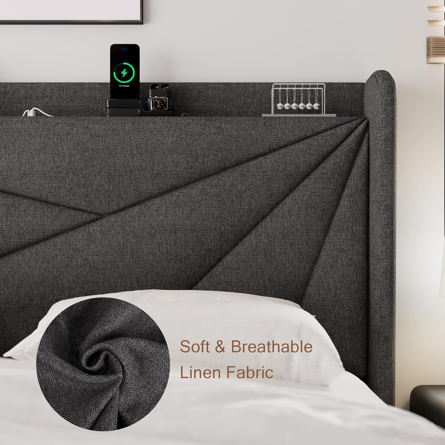 Full Size Upholstered Bed Frame with Charging Station, Platform Bed Frame with Storage Headboard, Solid Wood Slats Support, No Box Spring Needed, Dark Gray