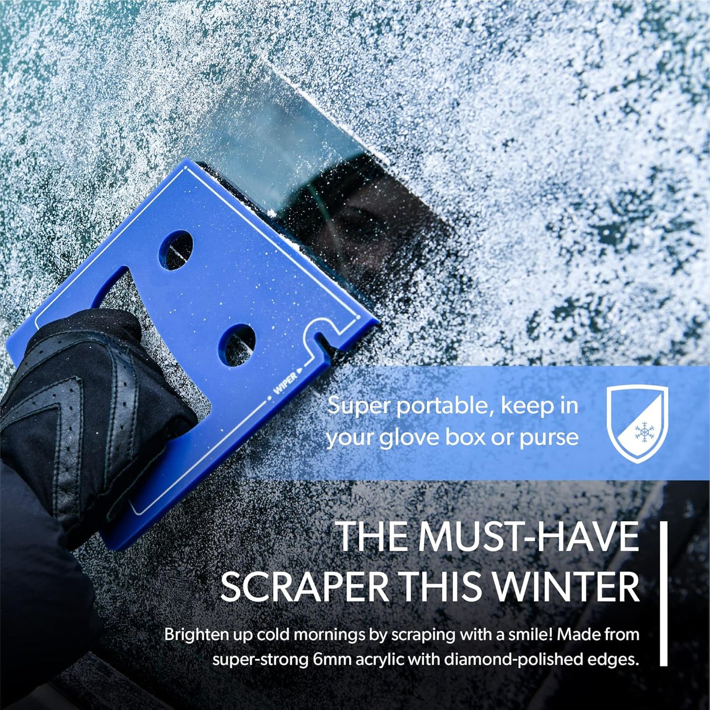 FrostGuard Scrape Buddy Car Ice Scraper Scrape with a Smile - Quickly Remove Frost, Ice and Snow from Your Vehicle Windows and Wiper Blades - Acrylic with Comfort Neoprene Sleeve - Blue Frost
