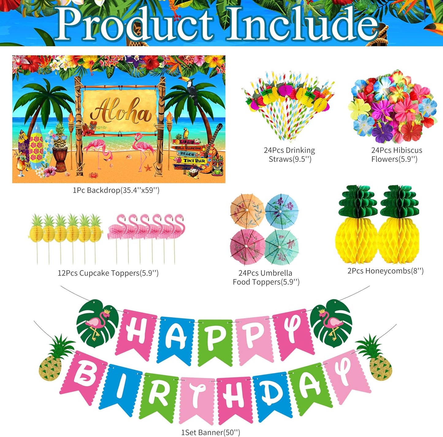 Luau Birthday Party Decorations Hawaiian Party Decorations 169 Pcs Tropical Aloha Party Supplies for Summer Beach Holiday Including Balloon Arch Kit Backdrop Table Skirt Banner Cake Toppers Straws
