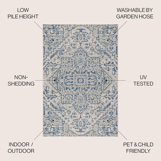 NEW - JONATHAN Y SMB105B-8 Estrella Bohemian Medallion Textured Weave Indoor/Outdoor Navy/Gray 8 ft. x 10 ft. Area Rug Coastal, Easy Cleaning, for High Traffic, Kitchen, Living Room, Backyard, Non Shedding - Retail $104