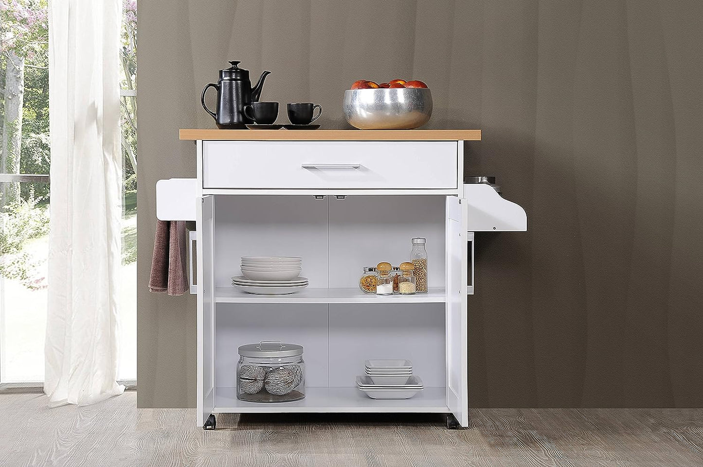 NEW - Hodedah Kitchen Island with Spice Rack, Towel Rack & Drawer - Retail $83