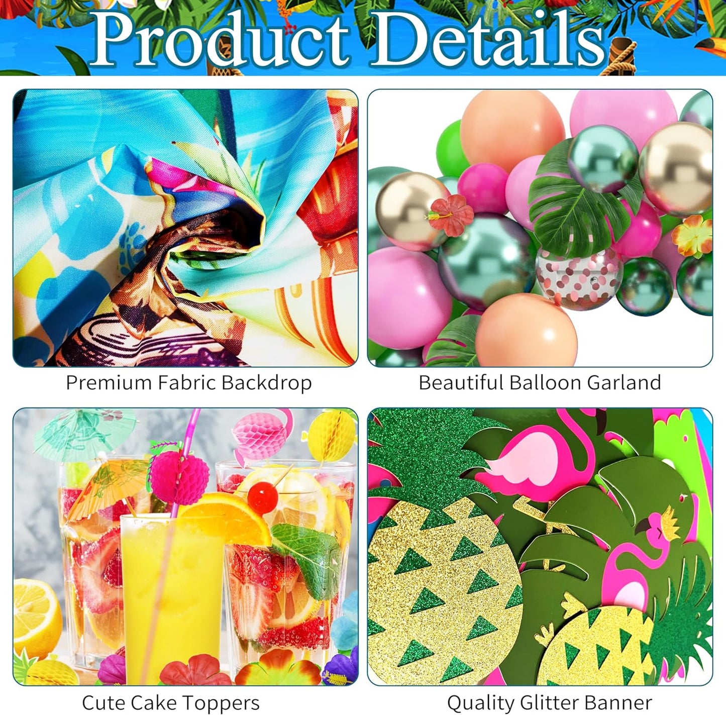 Luau Birthday Party Decorations Hawaiian Party Decorations 169 Pcs Tropical Aloha Party Supplies for Summer Beach Holiday Including Balloon Arch Kit Backdrop Table Skirt Banner Cake Toppers Straws