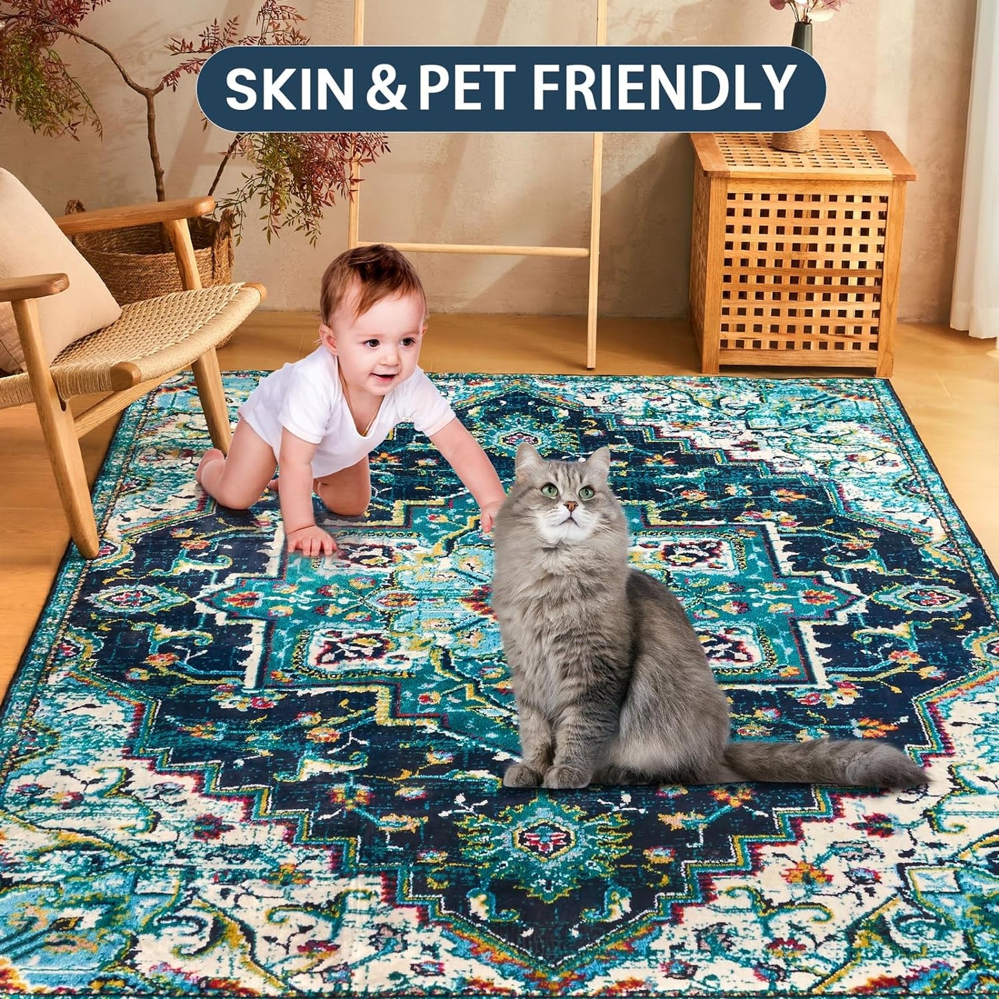 Area Rug 6x9 Washable Living Room Rug, Vintage Soft Boho Non-Slip/Non-Shedding Print Floor Carpet for Dining Room, Bedroom-Green - Retail $90