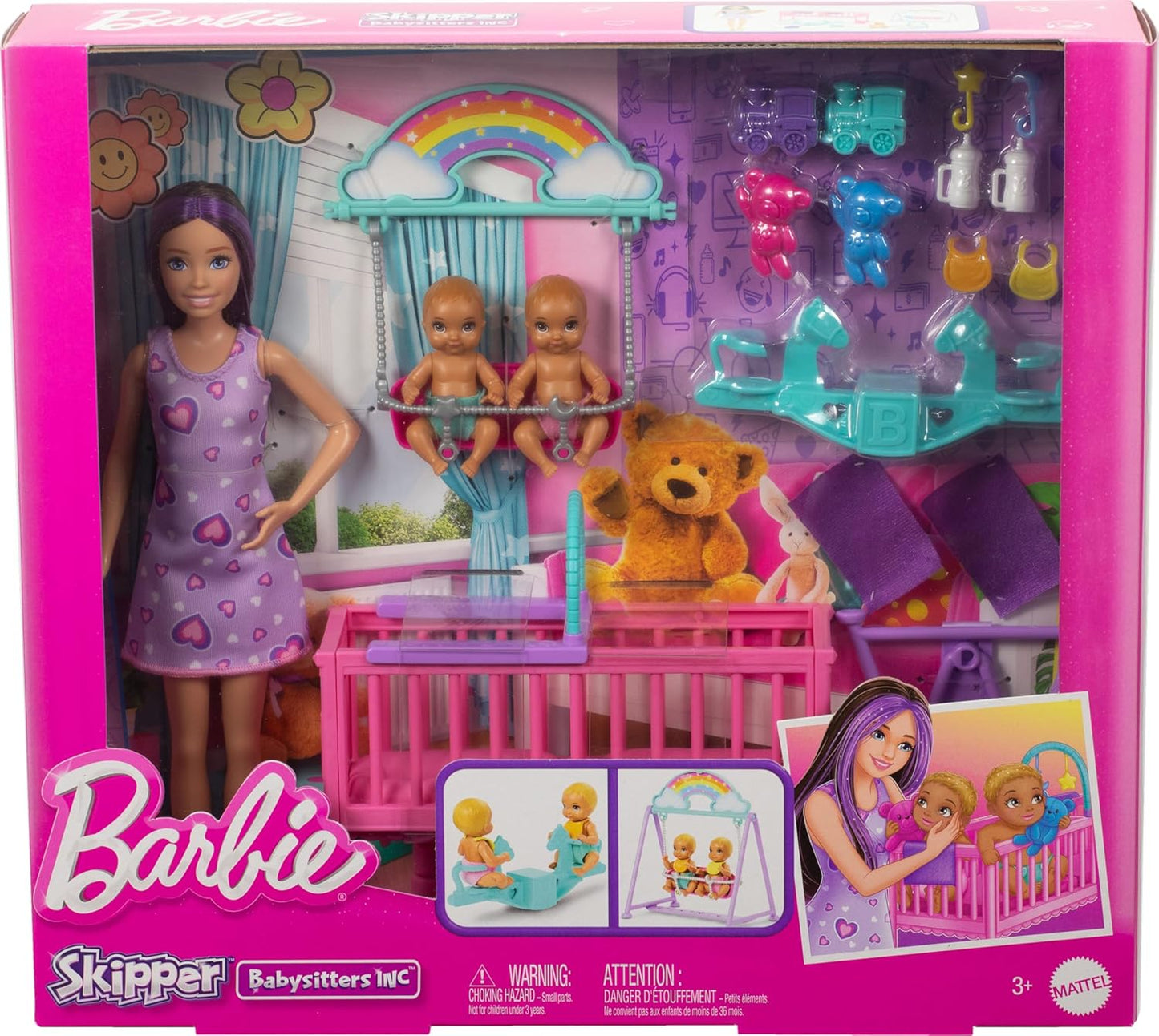 Barbie Skipper Doll & Nursery Playset with Accessories, Includes Twin Baby Dolls, 1 Crib, 1 Swing, 1 See-Saw & More