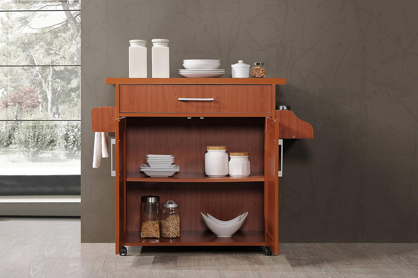 NEW - Hodedah Kitchen Island with Spice Rack, Towel Rack & Drawer, Cherry - Retail $74
