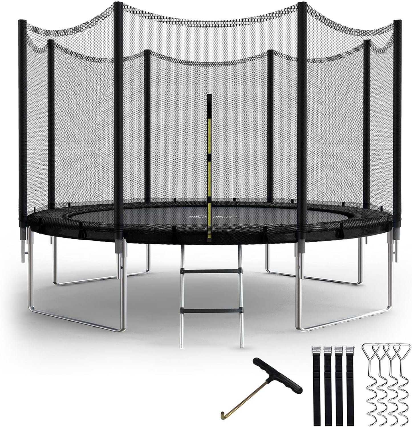 NEW - Simple Deluxe Trampoline for Kids with Safety Enclosure Net Wind Stakes 400LBS Weight Capacity 12FT Black Outside Net - Retail $274