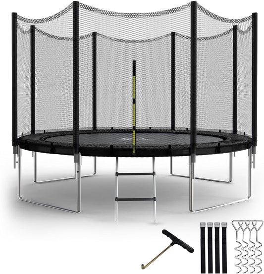 NEW - Simple Deluxe Trampoline for Kids with Safety Enclosure Net Wind Stakes 400LBS Weight Capacity 12FT Black Outside Net - Retail $274