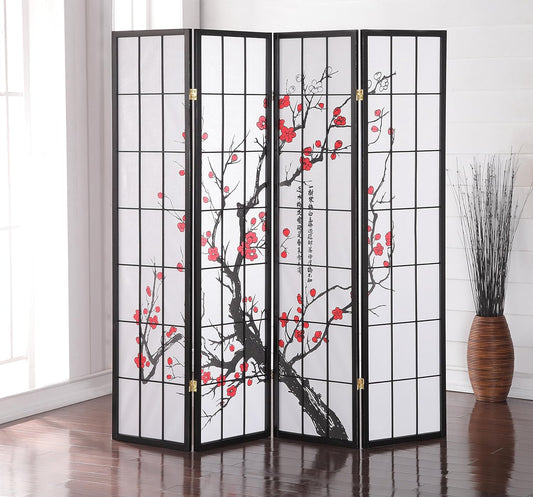 NEW - Roundhill Furniture Black Japanese 4-Panel Screen Room Divider, Plum Blossom - Retail $89