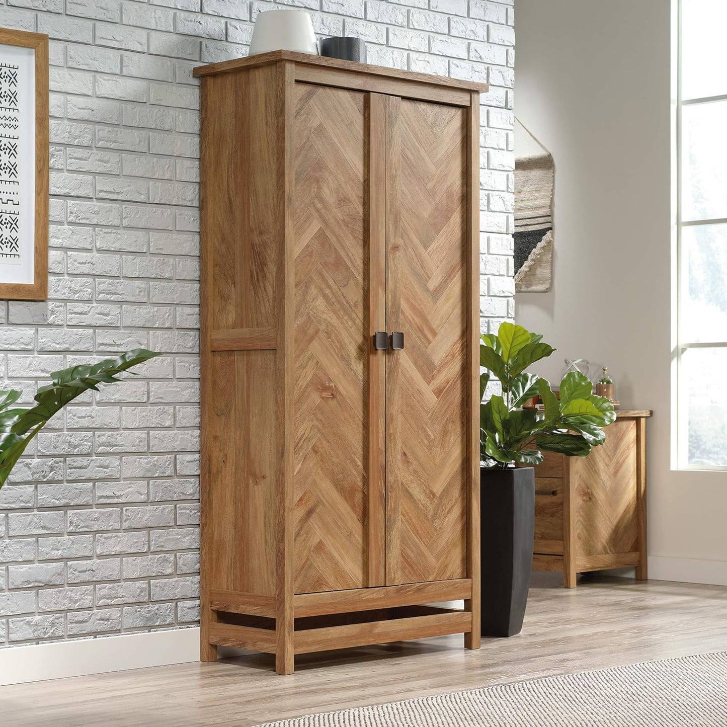NEW - Sauder Cannery Bridge Storage Pantry Cabinet, L: 35.20in x W: 16.26in x H: 71.97in, Sindoori Mango finish - Retail $399