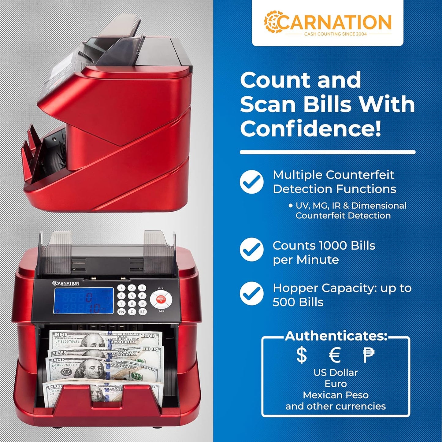 CARNATION Bill Cash Money Counter CR180 with UV and MG Counterfeit Detection Super Fast One Year Warranty (CR2300-stickerless) - Retail $99
