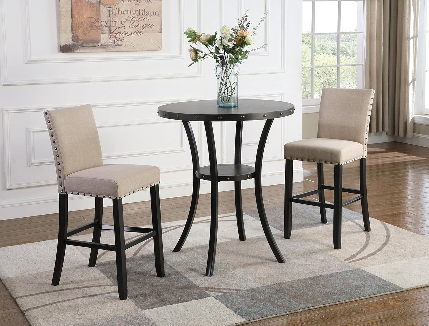 NEW - Roundhill Furniture Biony 3 Piece Set - 36" Round Espresso Bar Table with Nail Head Stools, Tan - Retail $294
