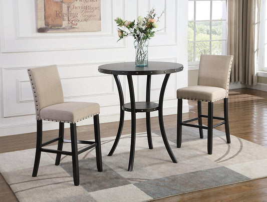 NEW - Roundhill Furniture Biony 3 Piece Set - 36" Round Espresso Bar Table with Nail Head Stools, Tan - Retail $294