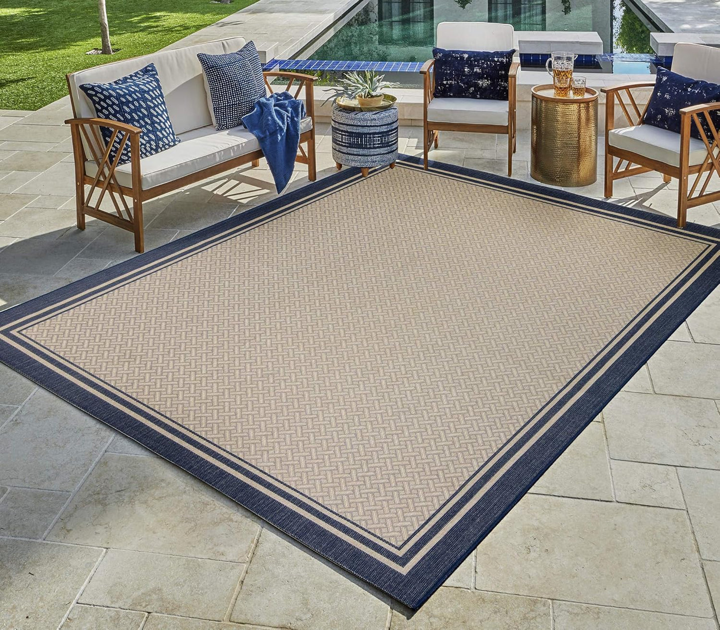 NEW - Gertmenian Indoor Outdoor Classic Flatweave Area Rug, Stain & UV Resistant Carpet, Deck, Patio, Poolside & Mudroom, 6x9 Ft Medium, Simple Border, Navy Blue, 21768 - Retail $109