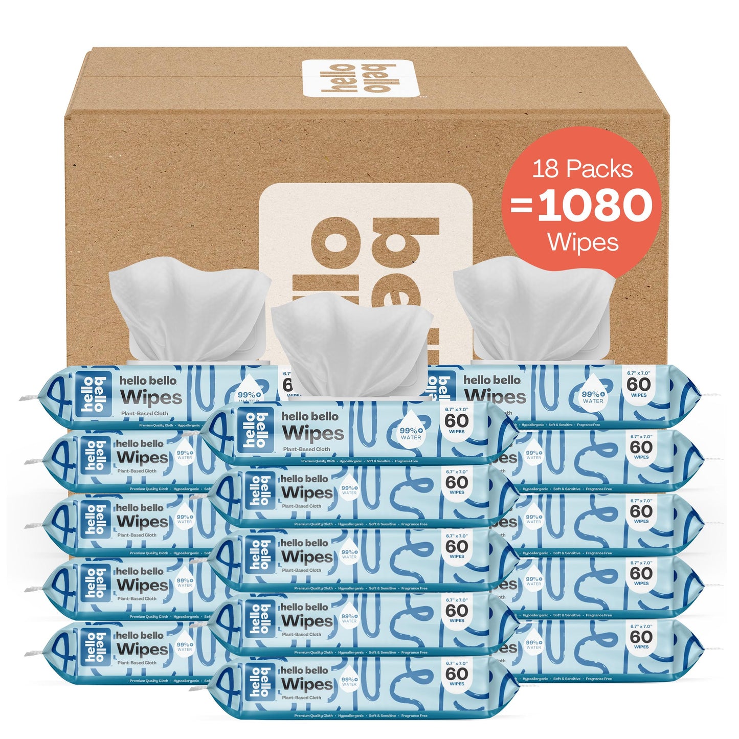 Hello Bello Extra Gentle Unscented Baby Wipes, Plant Based, Made with 99% Water and Aloe for Babies and Kids, 1080 Count