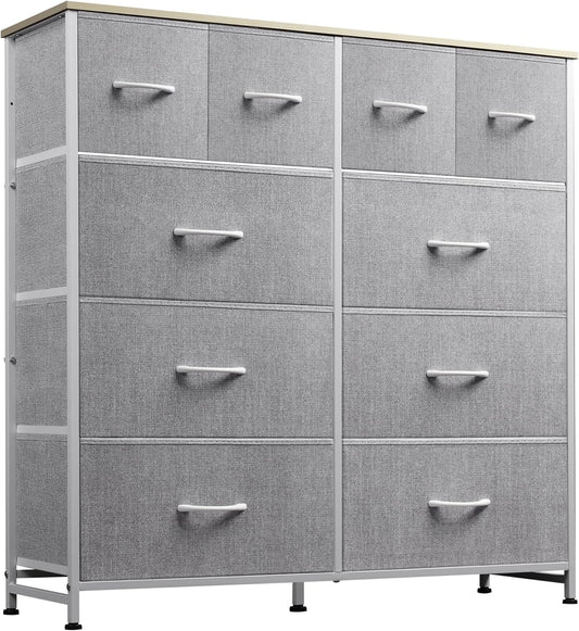 WLIVE Fabric Dresser for Bedroom, Dresser with 10 Drawers, Storage Tower with Fabric Bins, Double Dressers, Chest of Drawers for Closet, Living Room, Hallway, Light Grey - Retail $80