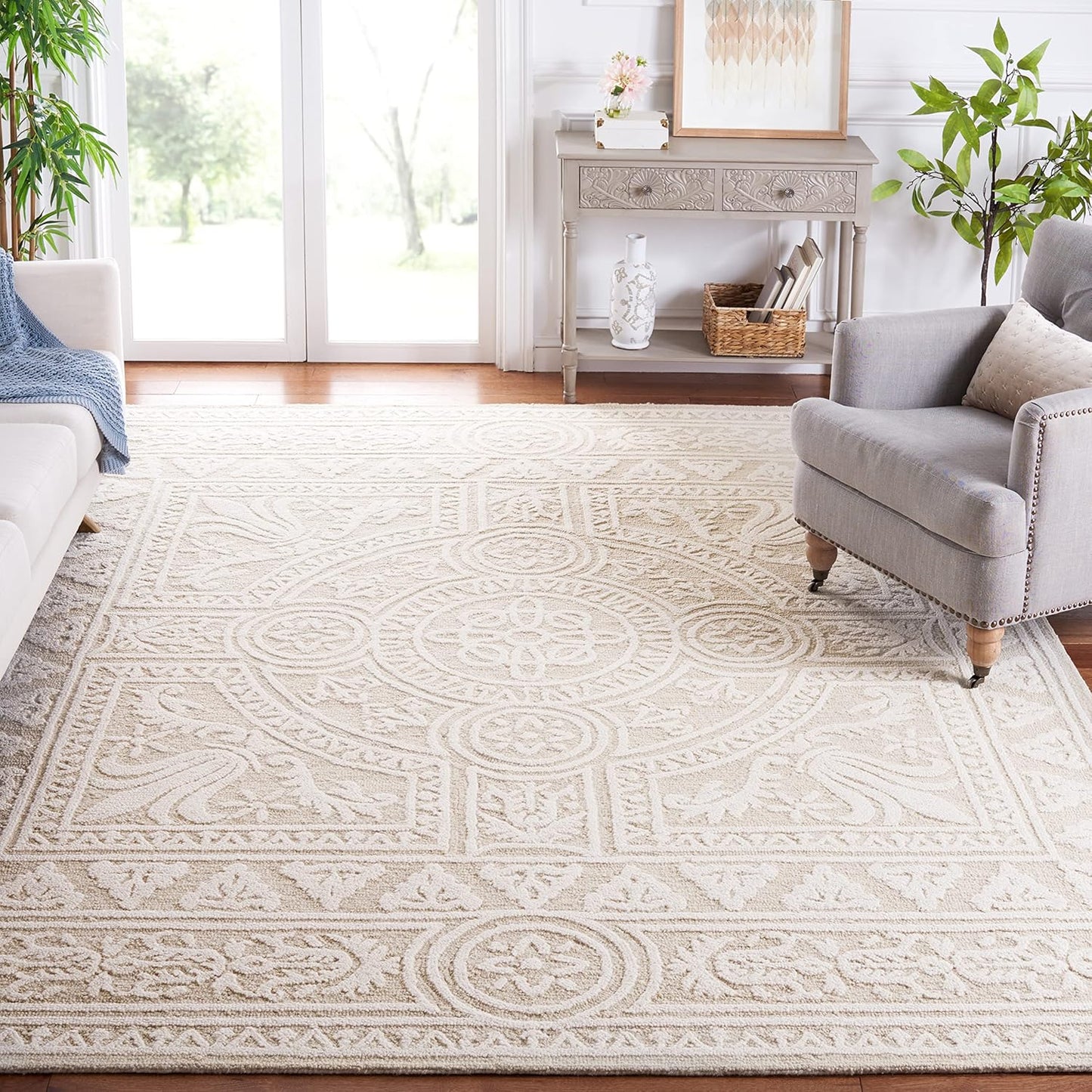 NEW - SAFAVIEH Blossom Collection Area Rug - 8' x 10', Light Grey & Ivory, Handmade Wool, Ideal for High Traffic Areas in Living Room, Bedroom (BLM109F)