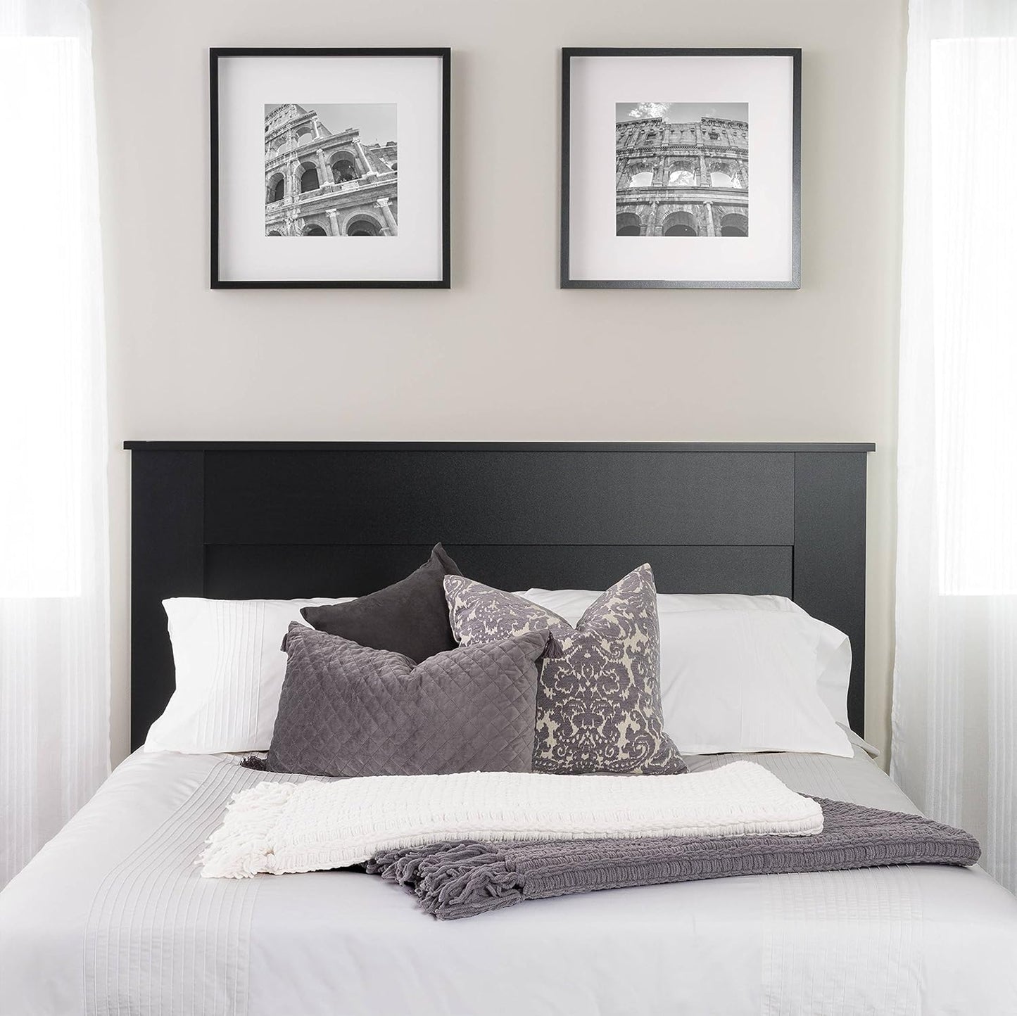 NEW - Prepac 64.5" Wide Flat Panel Queen Size Headboard, 48" Tall Modern Wood Bed Headboard for Queen Size Beds, Features Predrilled Holes for Easy Connection to Many Metal Bedframes, Black - Retail $135