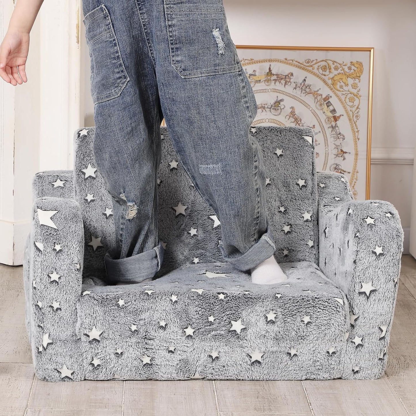 Star Glow in The Dark Toddler Couch, 2-in-1 Toddler Soft Couch Fold Out with Star Pillow, Convertible Sofa to Lounger for Girls and Boys, 1-Seat