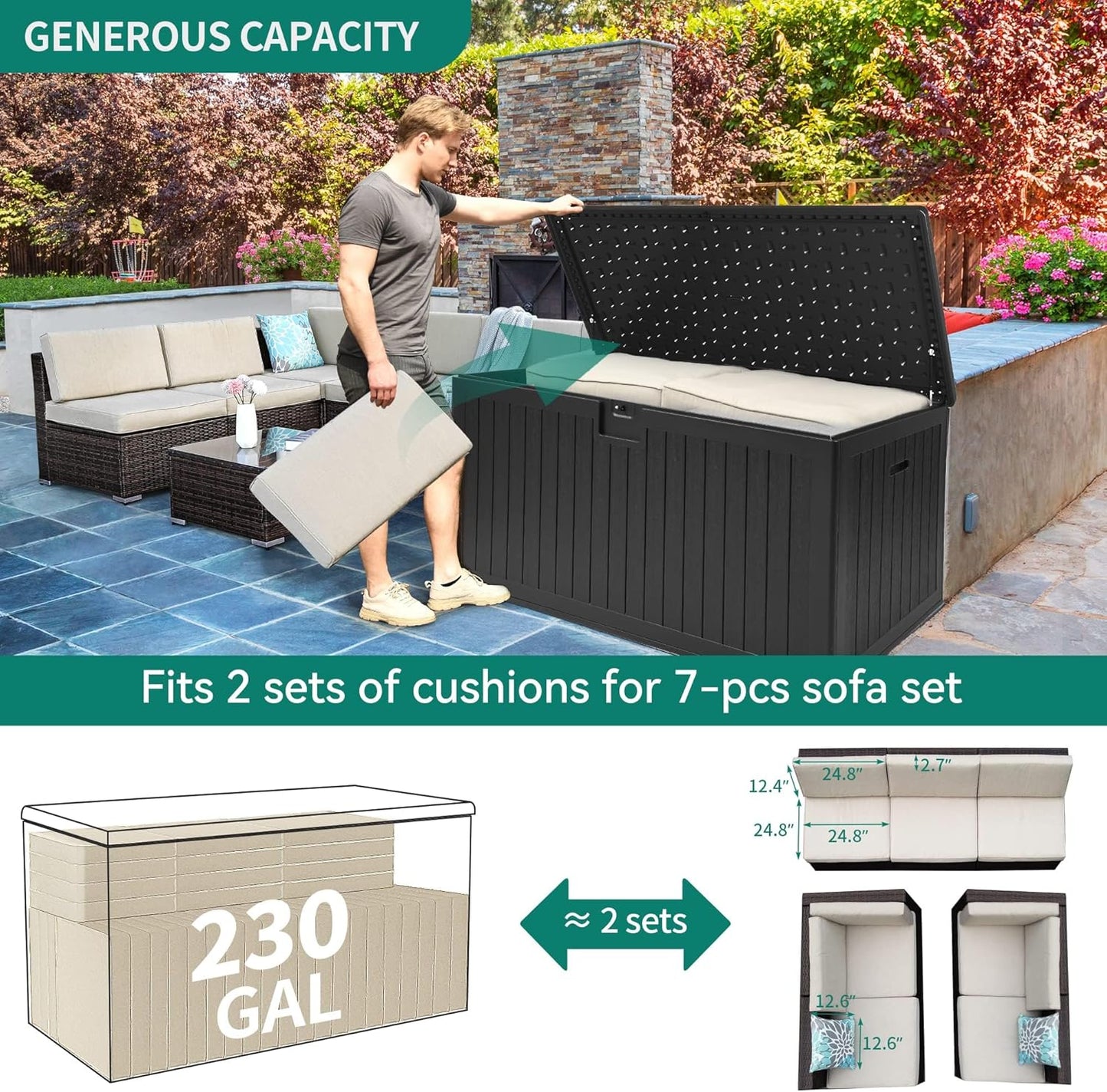 YITAHOME XXL 230 Gallon Large Deck Box,Outdoor Storage for Patio Furniture Cushions,Garden Tools with Flexible Divider,Waterproof,Lockable (Black) - Retail $349