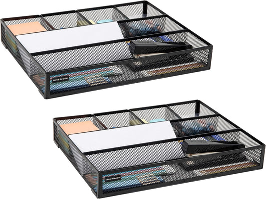 Mind Reader Drawer Organizer, Desk Org, Utensil Organizer, Office, Kitchen, Metal Mesh, 15"L x 12"W x 2.25"H, Set of 2, Black
