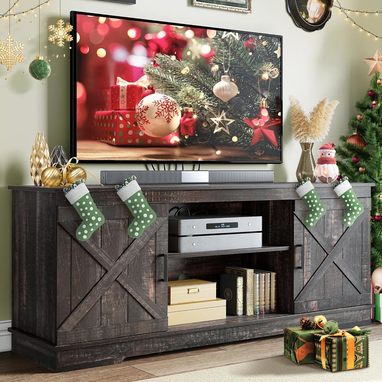 YITAHOME TV Console for 65 Inch TV, Farmhouse TV Stand with Double Barn Doors and Storage Cabinets, Mid Century Modern Media Console Table TV Cabinet for Living Room, 59 Inches, Grey White/Espresso