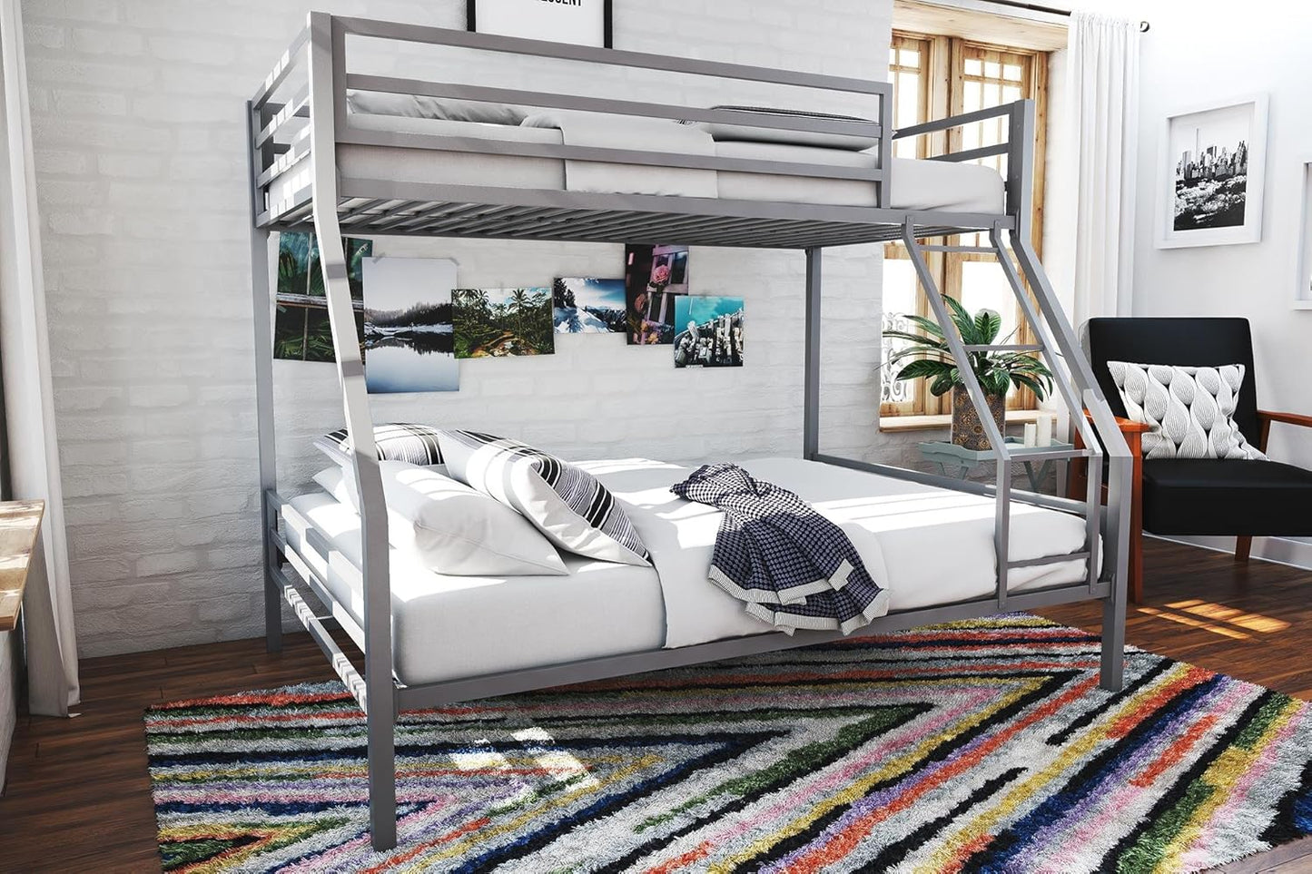 NEW - Novogratz Maxwell Metal Bunk Bed Frame for Kids and Teens, with Angled Ladder, High Guardrail and Metal Slats, No Boxspring Required, Underbed Storage Space, Twin-over-Full, Gray - Retail $229